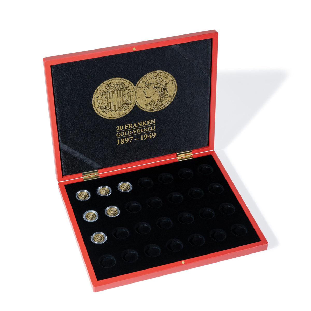 Presentation case for 28 Vreneli gold coins (20 CHF) in capsules
