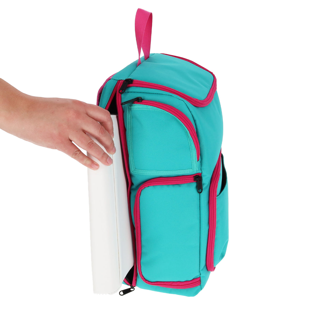 BCW Tcg Backpack - Cyber Pink/Teal – in-use view