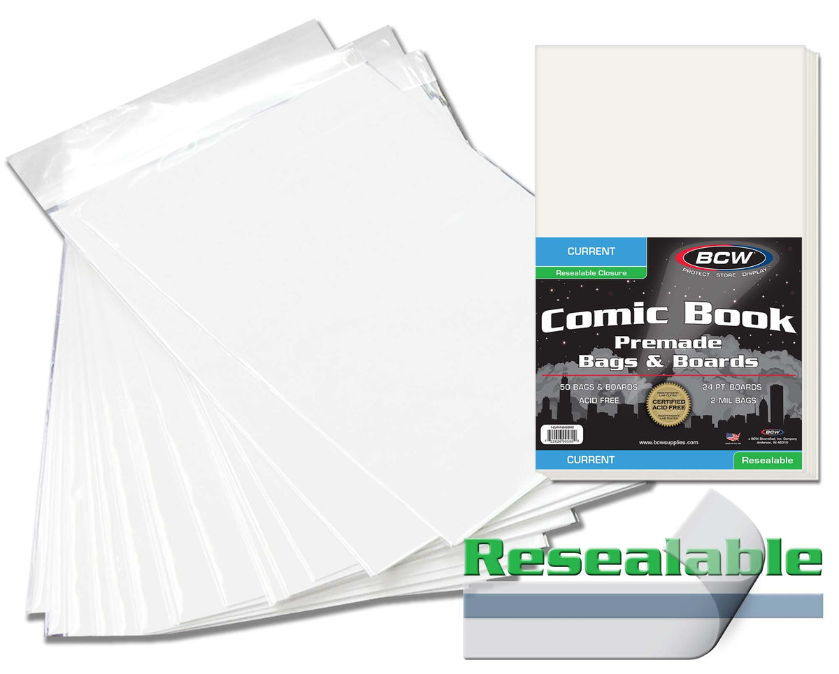 BCW Premade Resealable Current Comic Bag and Board – front product view