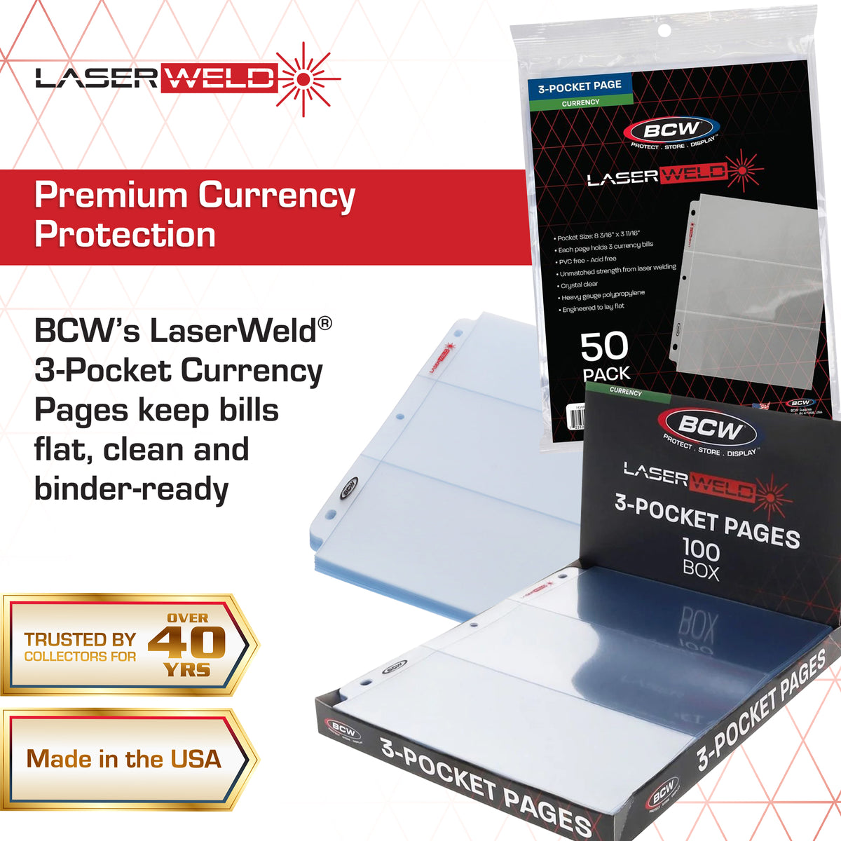 BCW Laserweld 3-Pocket Currency Page (100 Count. Box) – dimensions and specifications