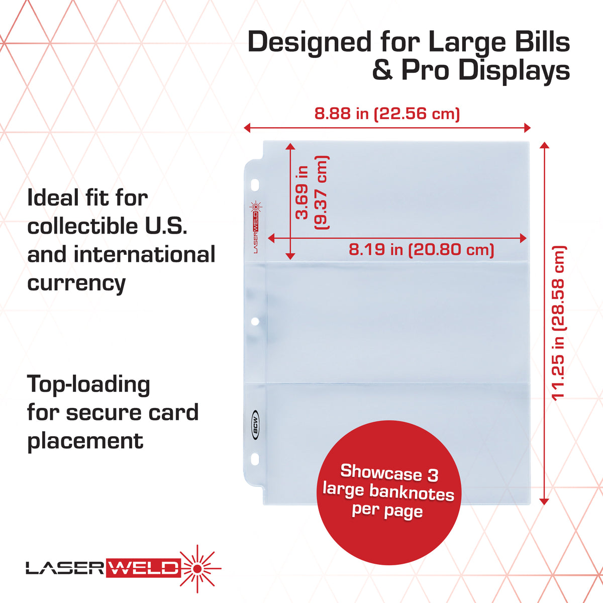 BCW Laserweld 3-Pocket Currency Page (100 Count. Box) – dimensions and specifications