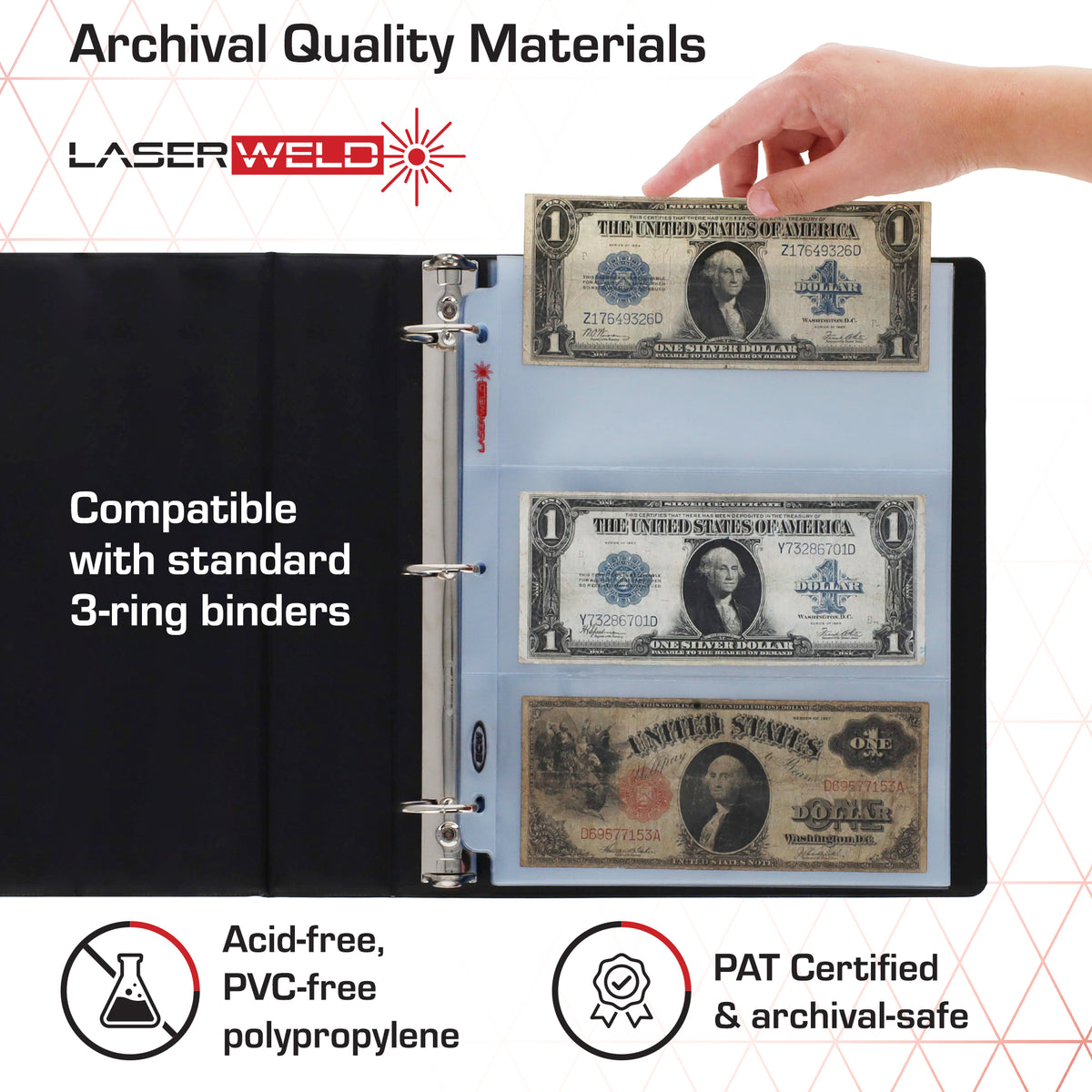 BCW Laserweld 3-Pocket Currency Page (100 Count. Box) – dimensions and specifications