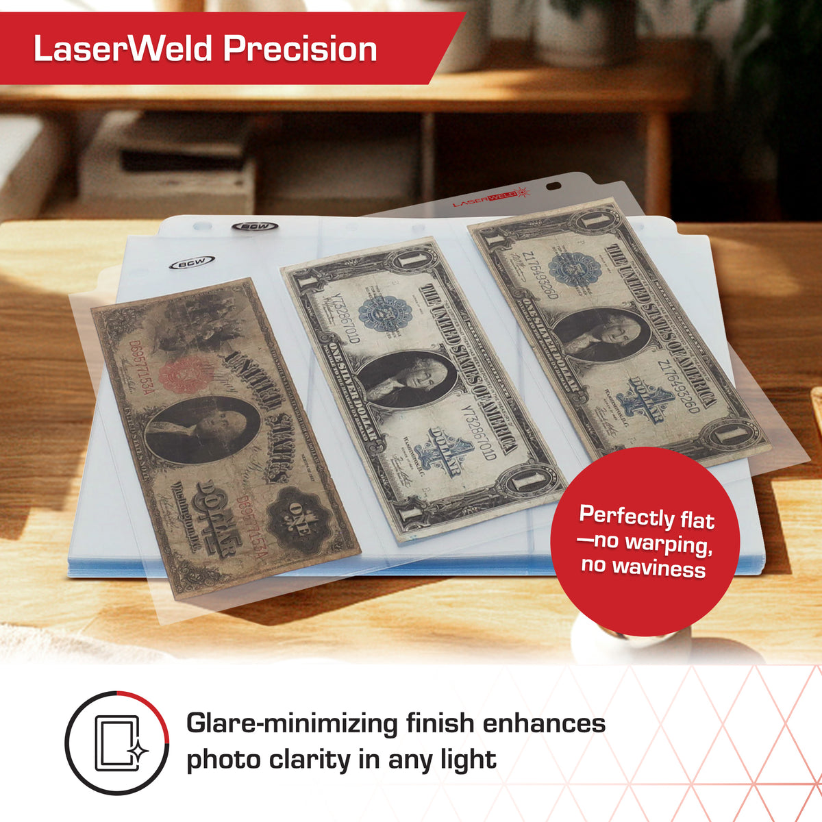 BCW Laserweld 3-Pocket Currency Page (100 Count. Box) – dimensions and specifications