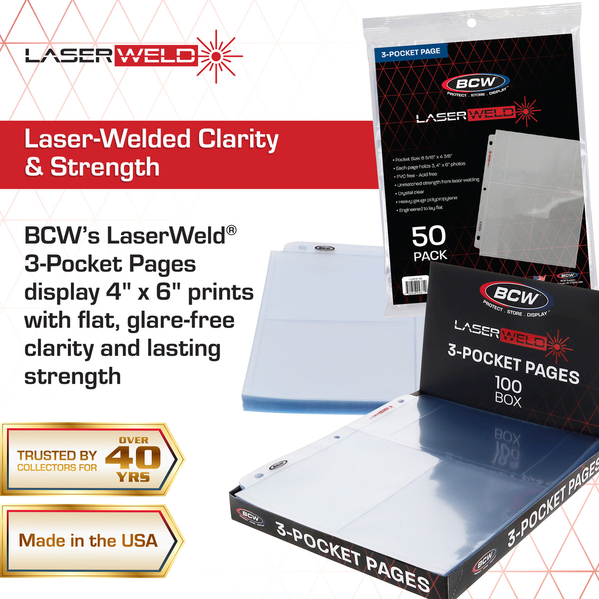 BCW Laserweld 3-Pocket Photo Page (50 Count. Pack) – dimensions and specifications