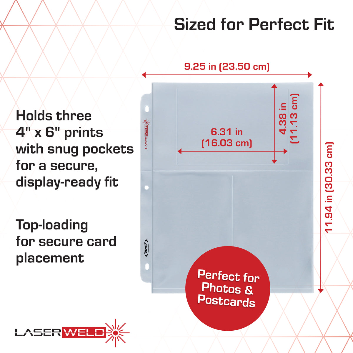 BCW Laserweld 3-Pocket Photo Page (50 Count. Pack) – dimensions and specifications