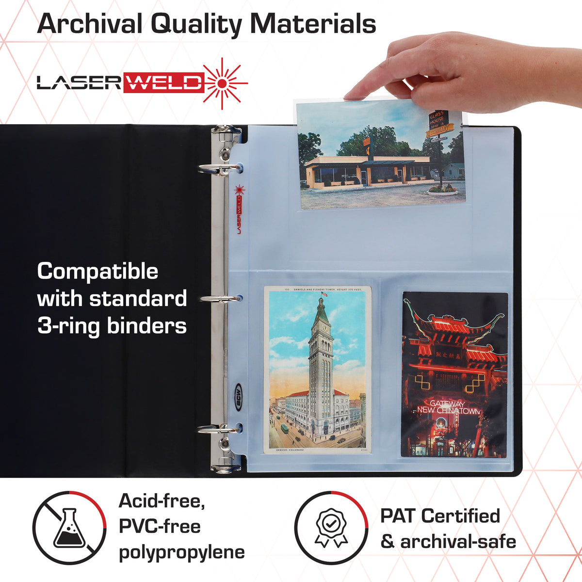 BCW Laserweld 3-Pocket Photo Page (50 Count. Pack) – dimensions and specifications