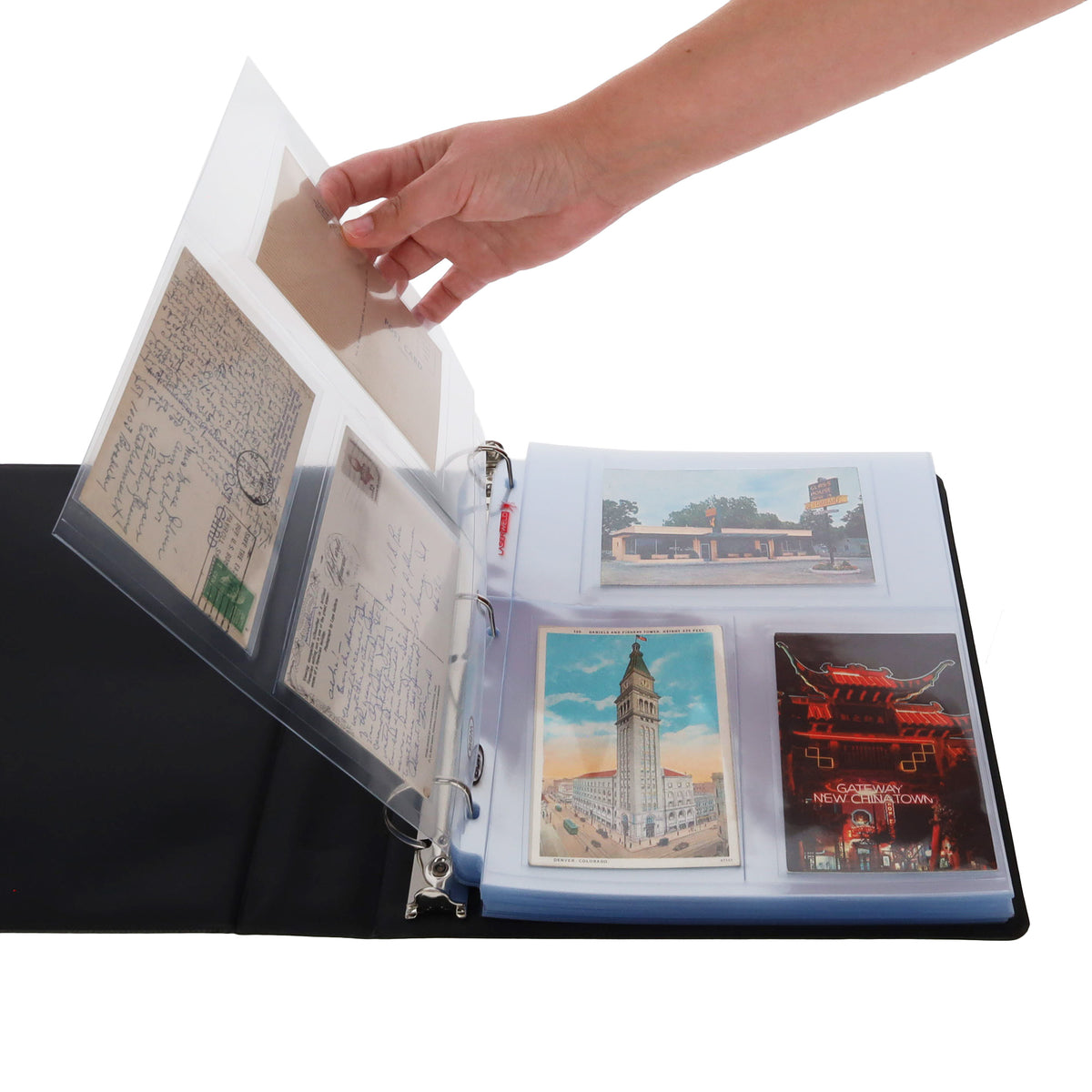 BCW Laserweld 3-Pocket Photo Page (50 Count. Pack) – in-use view