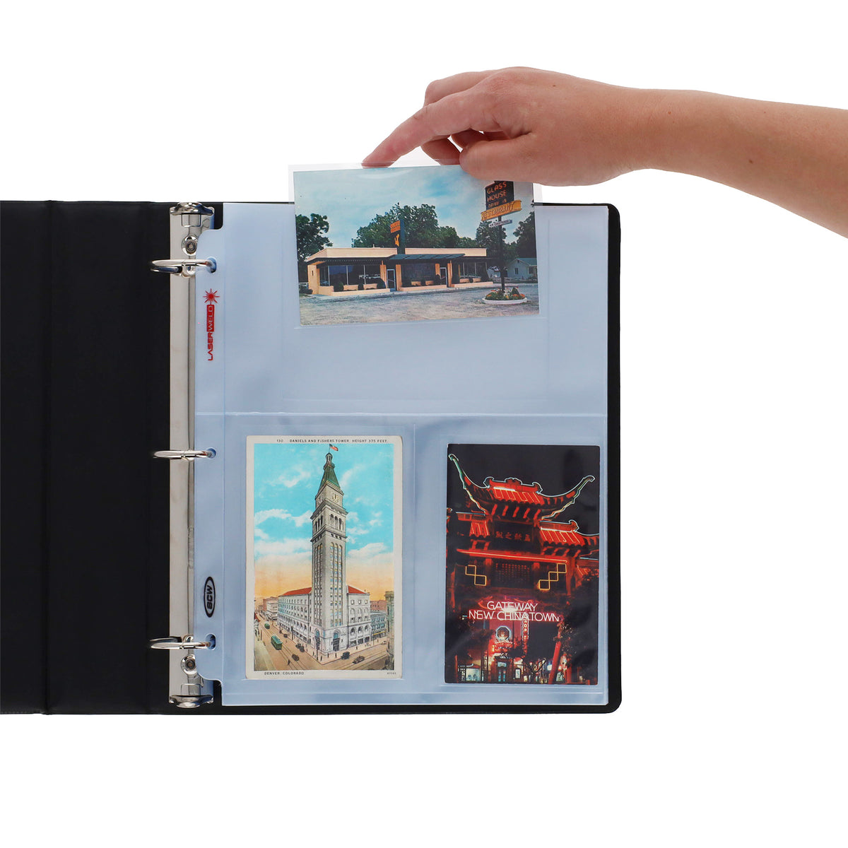 BCW Laserweld 3-Pocket Photo Page (50 Count. Pack) – in-use view