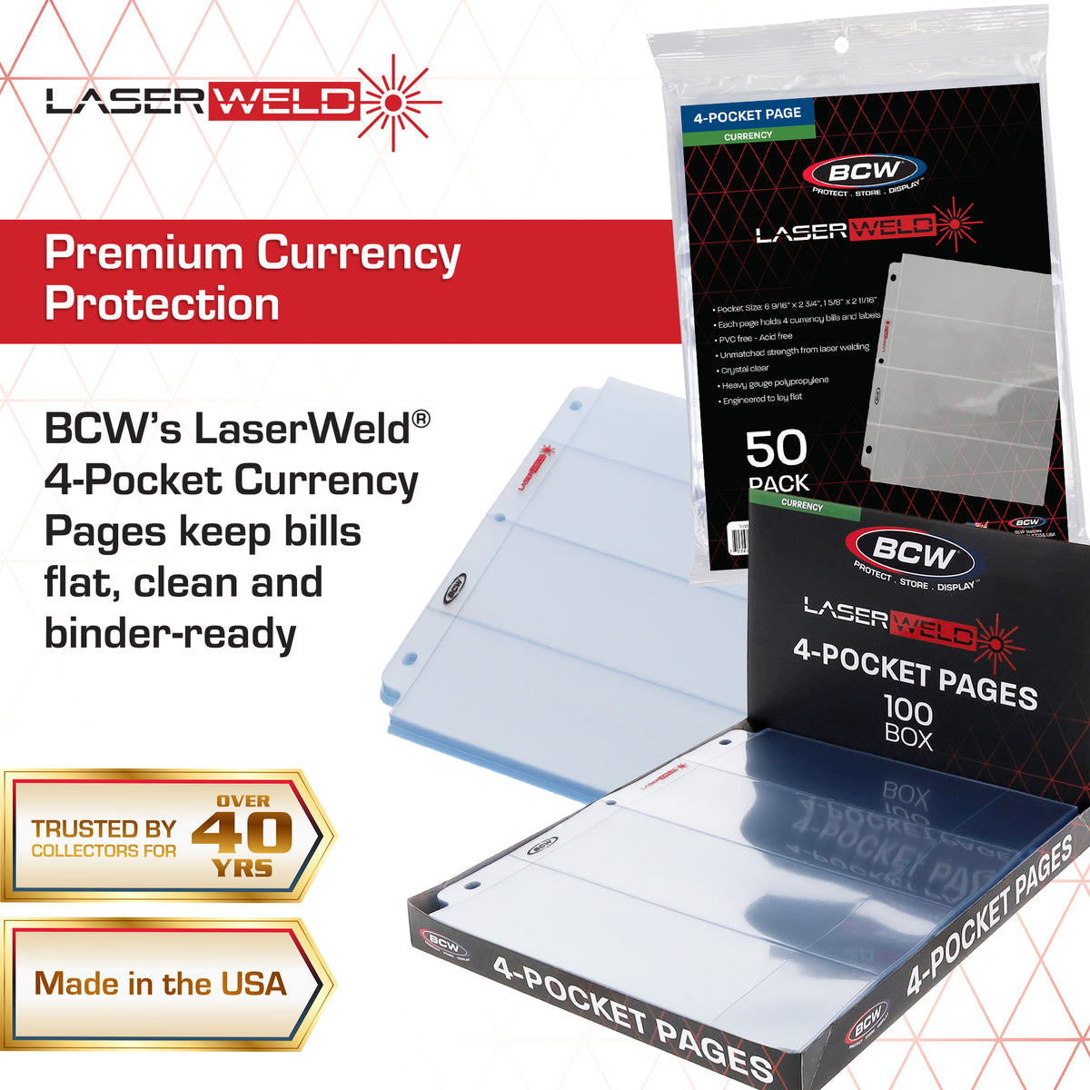 BCW Laserweld 4-Pocket Currency Page (100 Count. Box) – dimensions and specifications