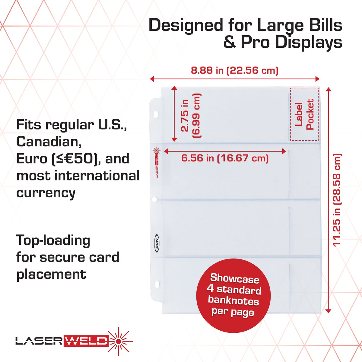 BCW Laserweld 4-Pocket Currency Page (100 Count. Box) – dimensions and specifications