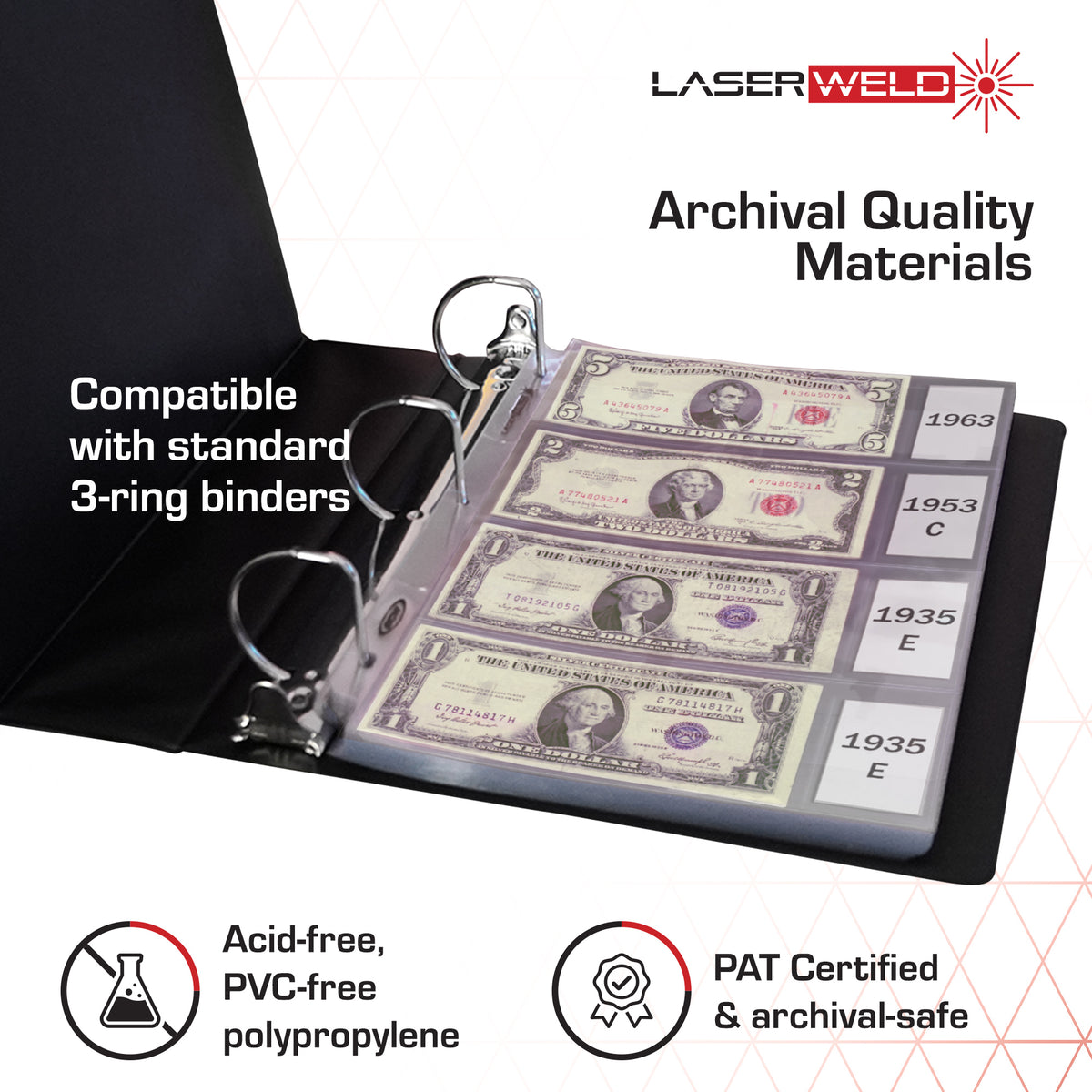 BCW Laserweld 4-Pocket Currency Page (100 Count. Box) – dimensions and specifications
