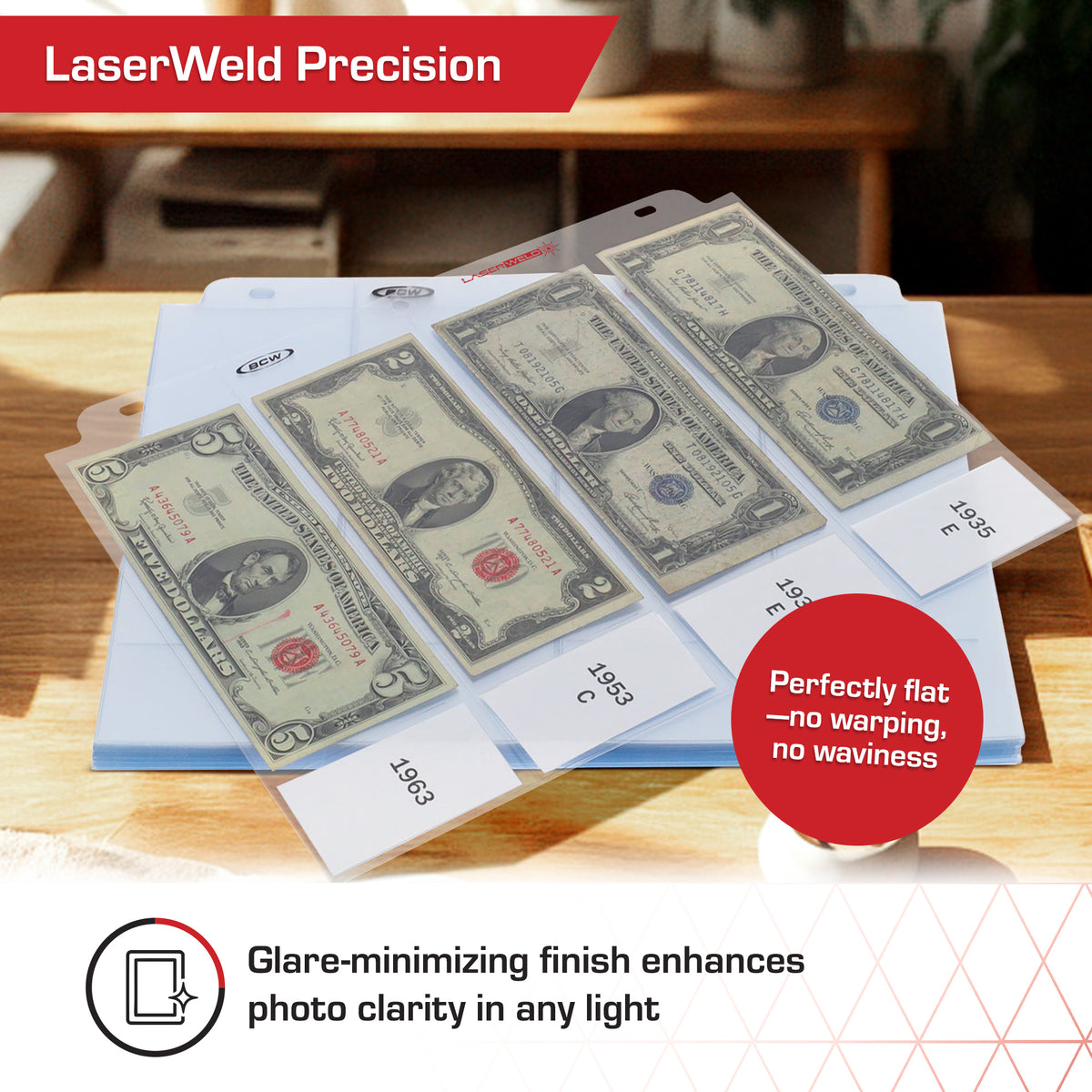 BCW Laserweld 4-Pocket Currency Page (100 Count. Box) – dimensions and specifications