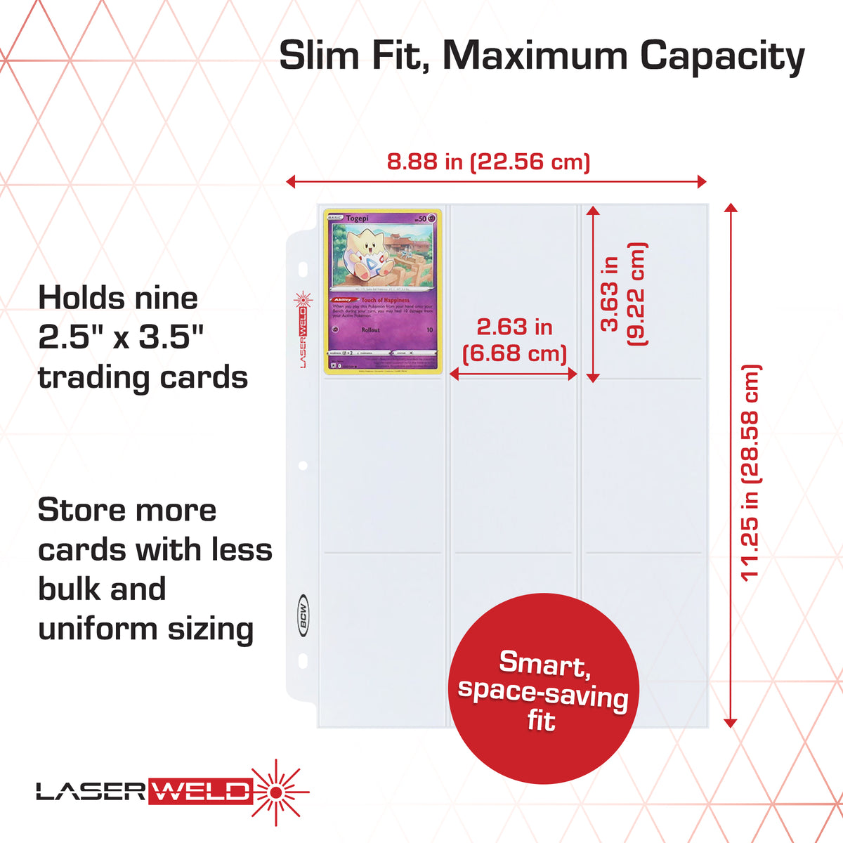 BCW 9-Pocket Trading Card Page - Side Load (100 Count Box) – dimensions and specifications