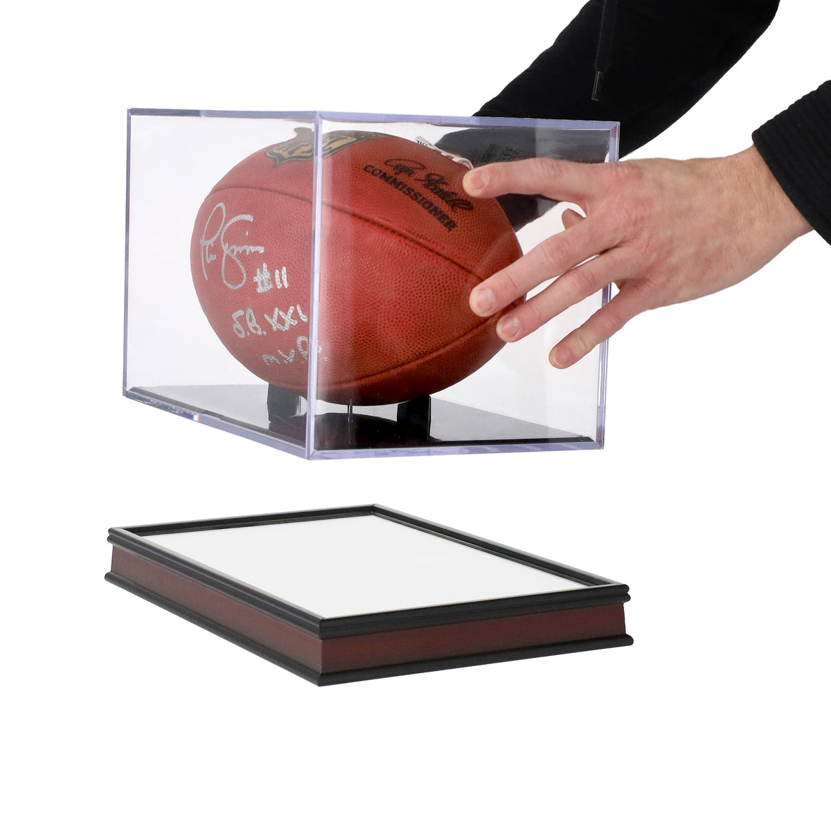 BCW Wood Base for Football Holder – in-use view