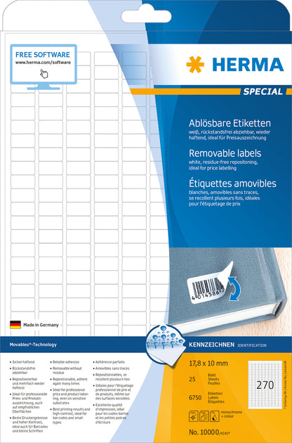 Removable Labels A4, 17.8 x 10mm, White, Movables Technology