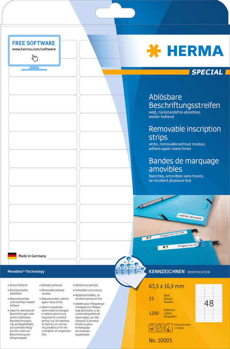 Removable Inscription Strips A4, 63.5 x 16.9mm, White, Movables Technology