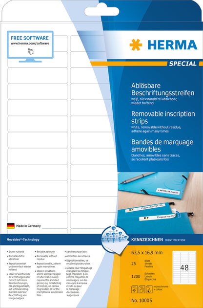 Removable Inscription Strips A4, 63.5 x 16.9mm, White, Movables Technology