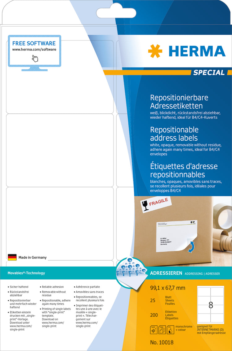 Removable Address Labels A4, 99.1 x 67.7mm, White, Movables Technology (200 labels / 25 sheets)