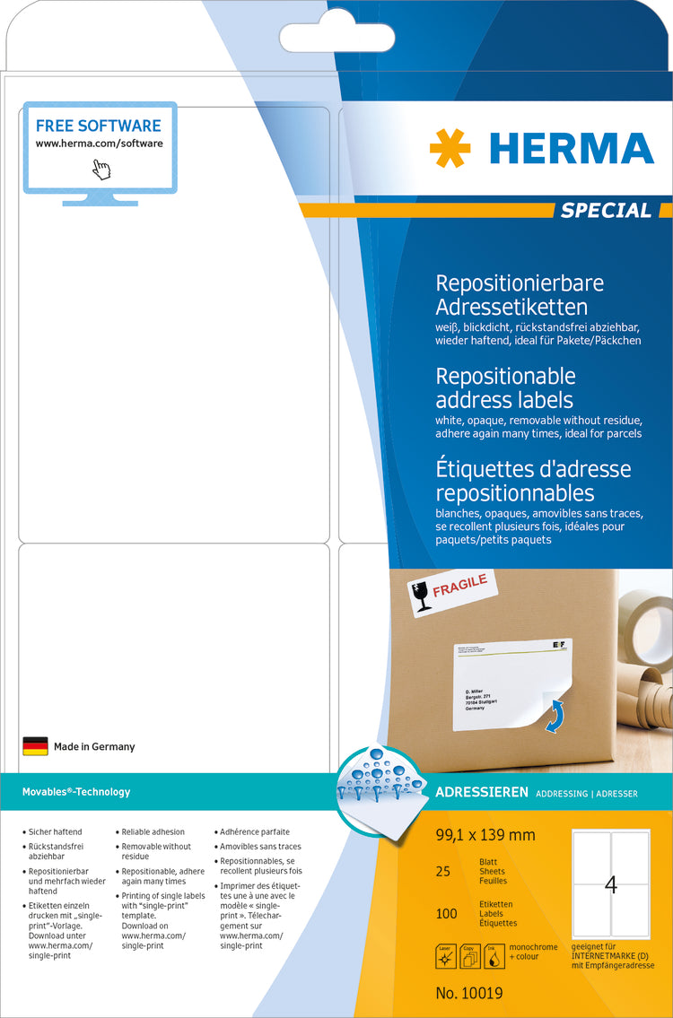 Removable Address Labels A4, 99.1 x 139mm, White, Movables Technology (100 labels / 25 sheets)
