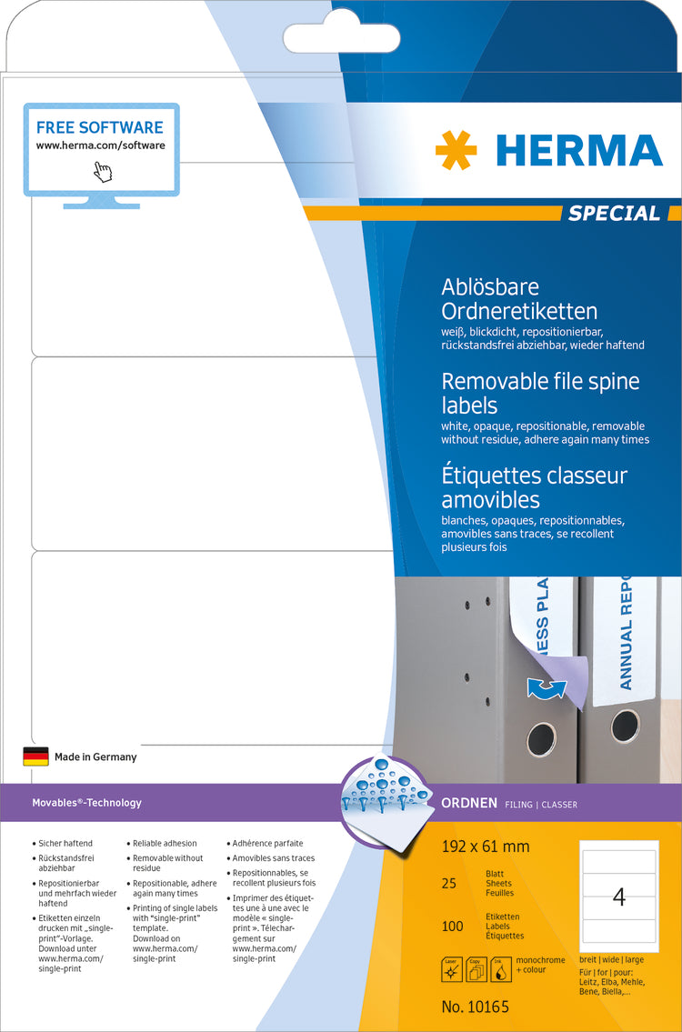 Removable File Spine Labels A4, 192 x 61mm, White, Opaque, for Wide Files (Short) (100 labels / 25 sheets)