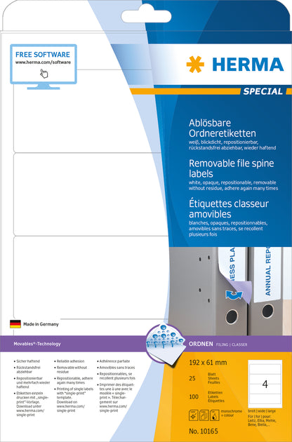 Removable File Spine Labels A4, 192 x 61mm, White, Opaque, for Wide Files (Short) (100 labels / 25 sheets)