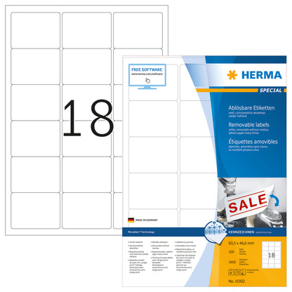 Removable Labels A4, 63.5 x 46.6mm, White, Movables Technology (1800 labels / 100 sheets)