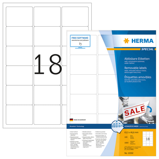 Removable Labels A4, 63.5 x 46.6mm, White, Movables Technology (1800 labels / 100 sheets)