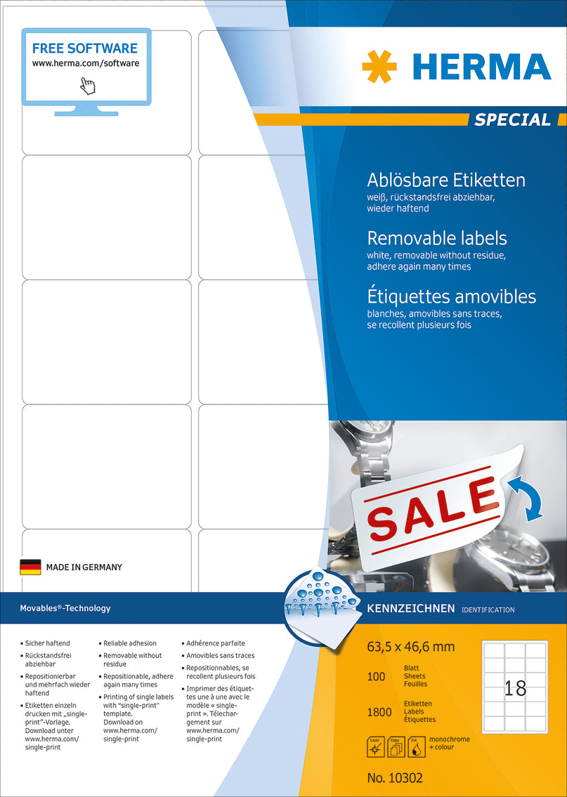 Removable Labels A4, 63.5 x 46.6mm, White, Movables Technology (1800 labels / 100 sheets)