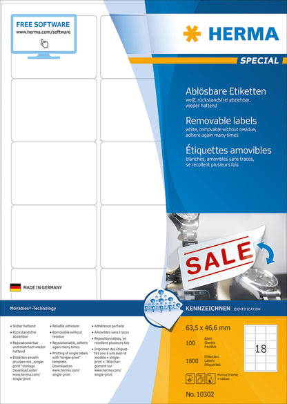 Removable Labels A4, 63.5 x 46.6mm, White, Movables Technology (1800 labels / 100 sheets)