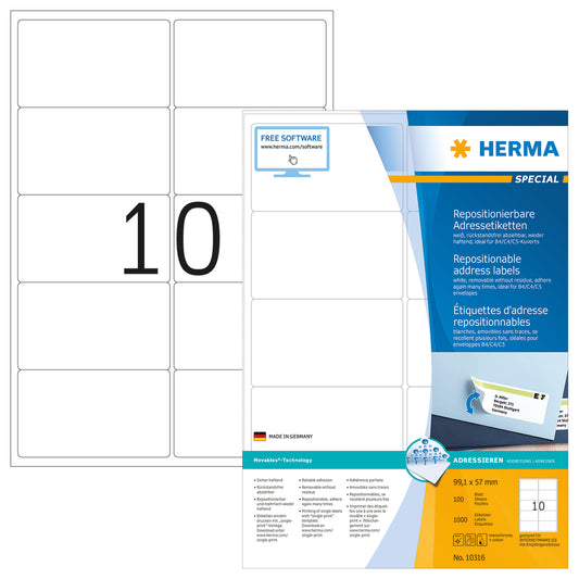 Removable Address Labels A4, 99.1 x 57mm, White, Movables Technology
