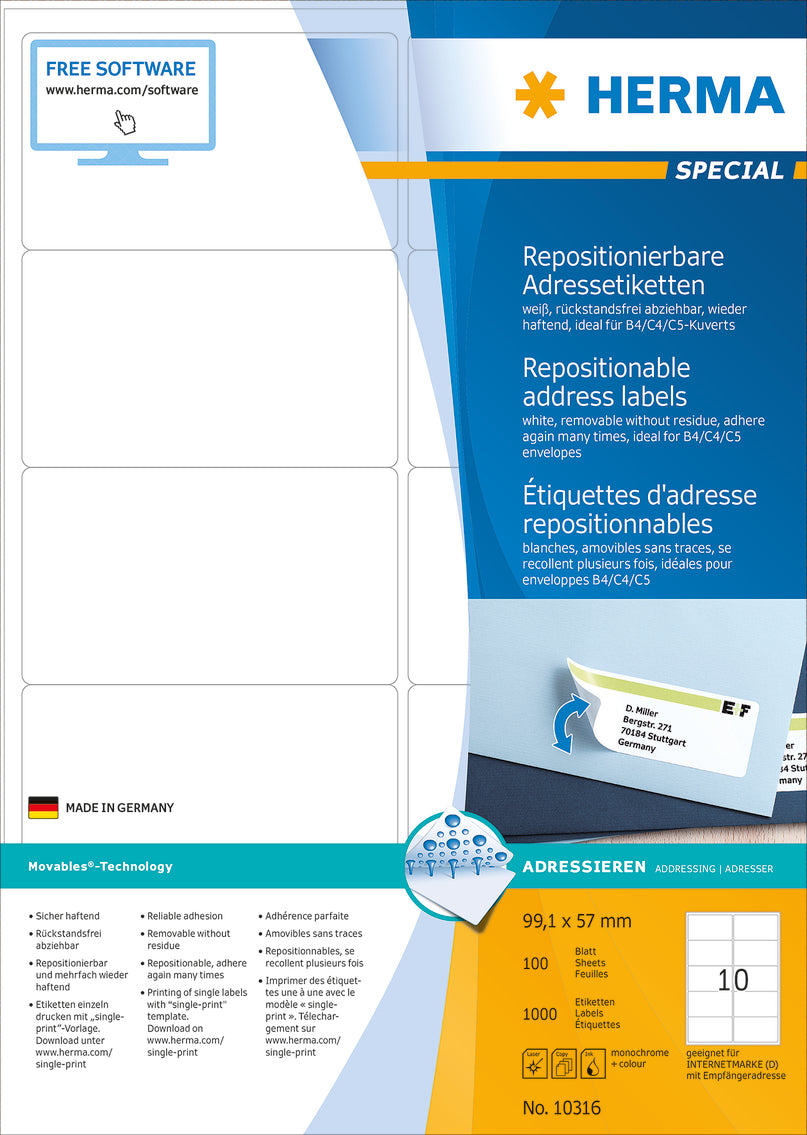 Removable Address Labels A4, 99.1 x 57mm, White, Movables Technology