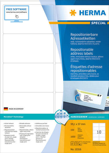 Removable Address Labels A4, 99.1 x 57mm, White, Movables Technology