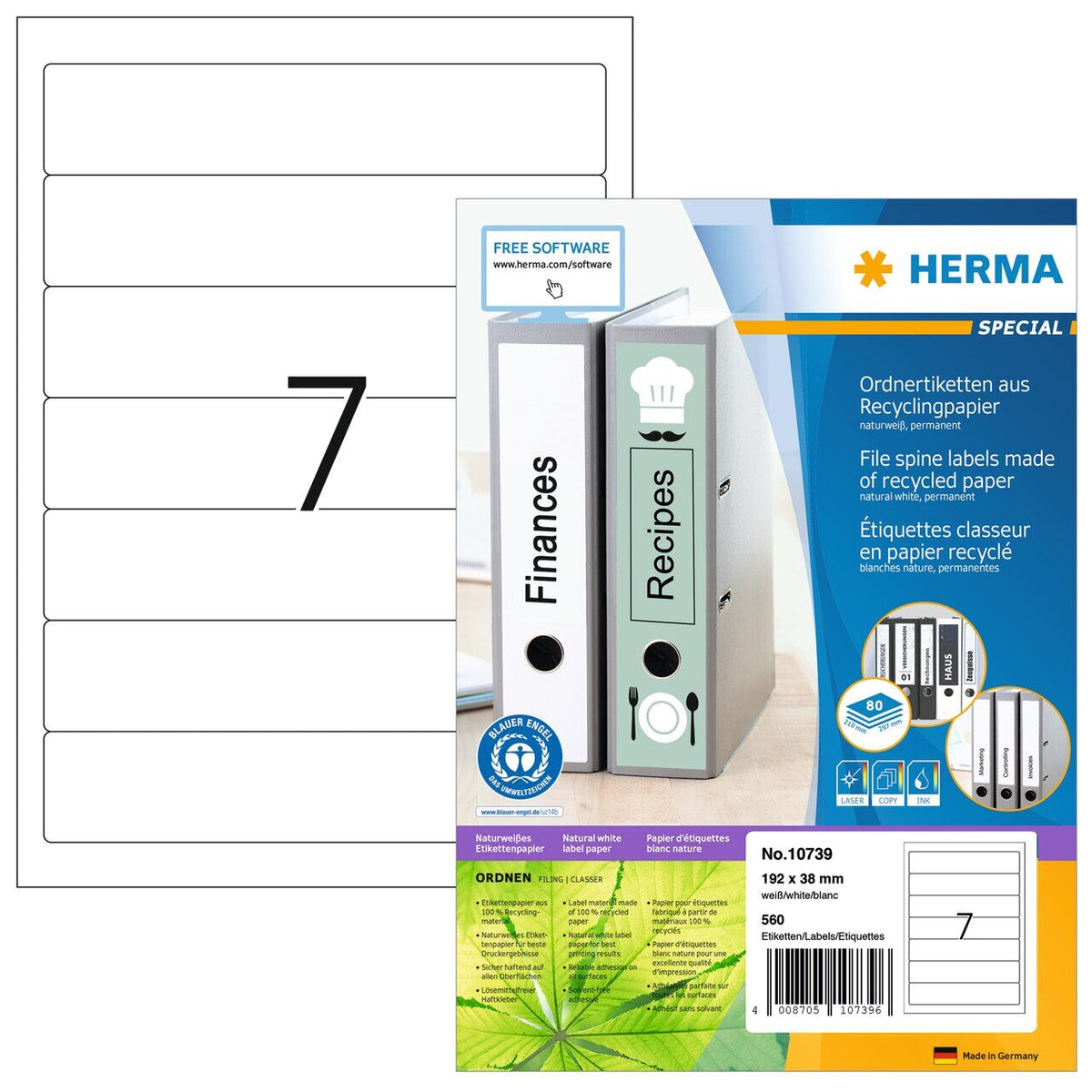 File labels A4, 192 x 38 mm, natural-white, recycled, for narrow files (short)