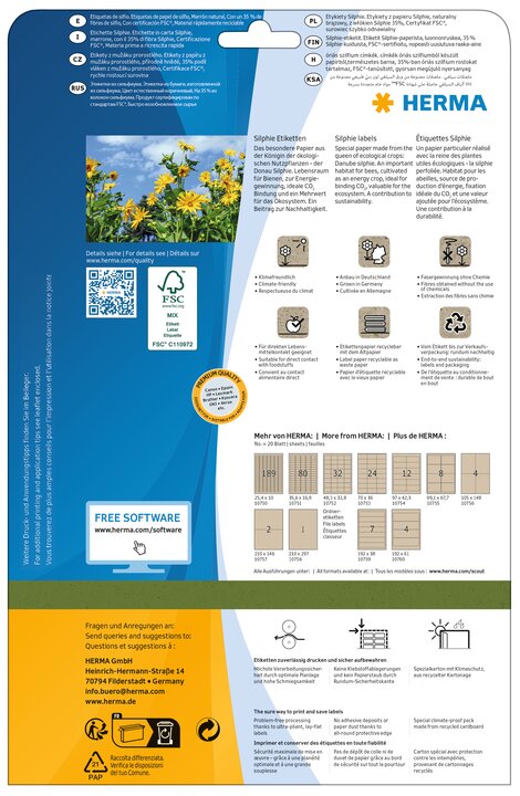 Labels made of Silphie paper A4, 70 x 36 mm, natural-brown, permanent adhesion.