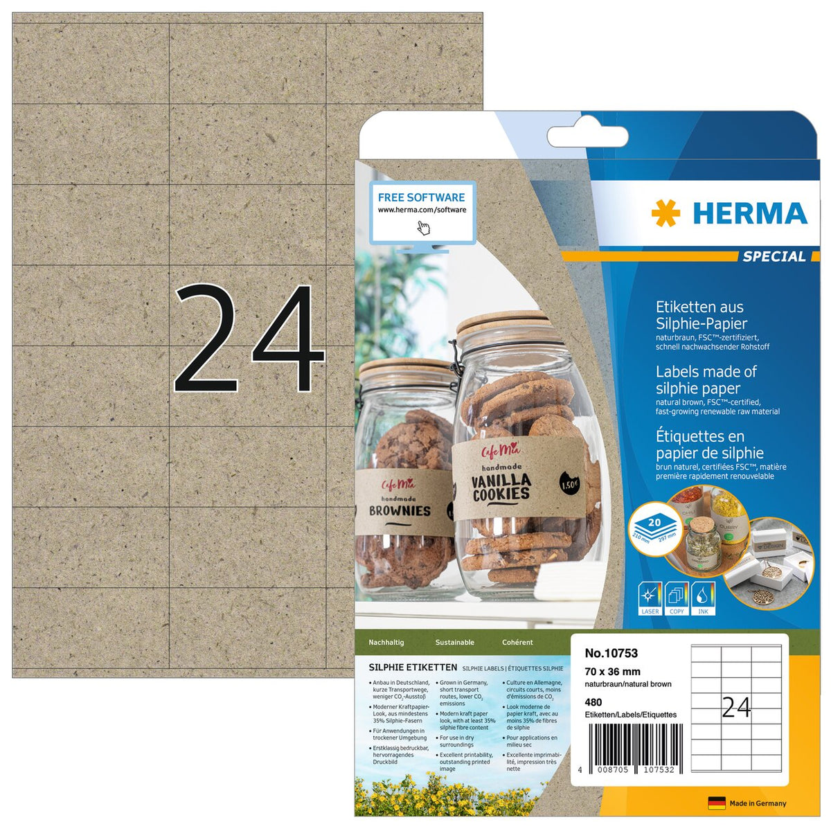 Labels made of Silphie paper A4, 70 x 36 mm, natural-brown, permanent adhesion.