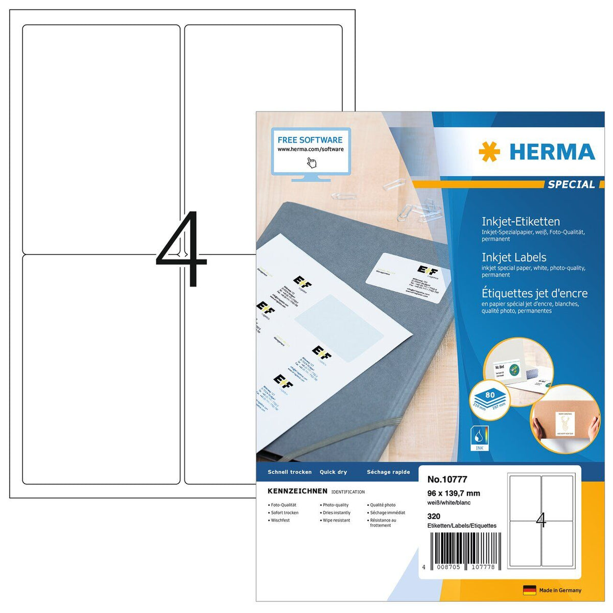 Inkjet address labels A4, 96 x 139.7 mm, white, permanent adhesion