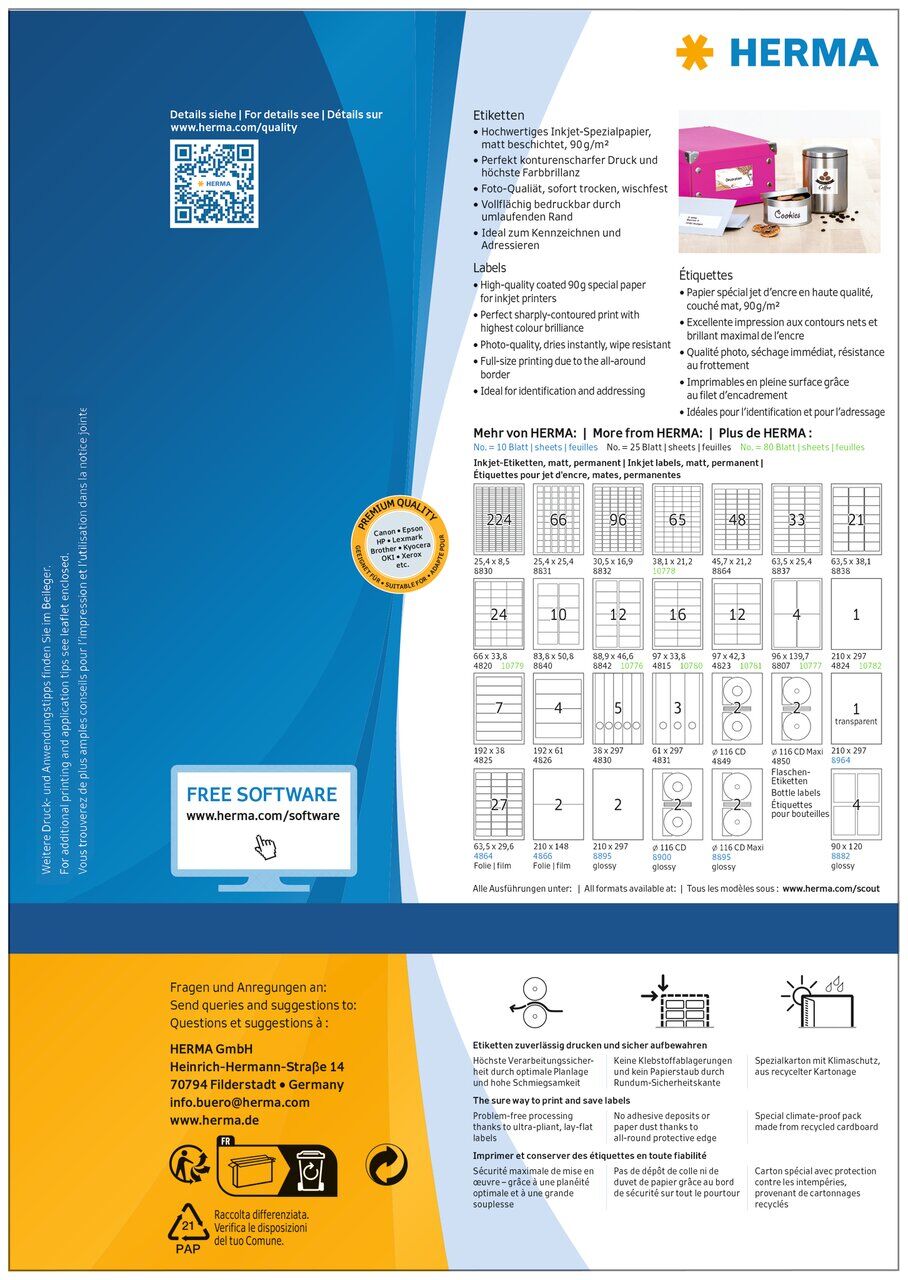 Inkjet address labels A4, 96 x 139.7 mm, white, permanent adhesion
