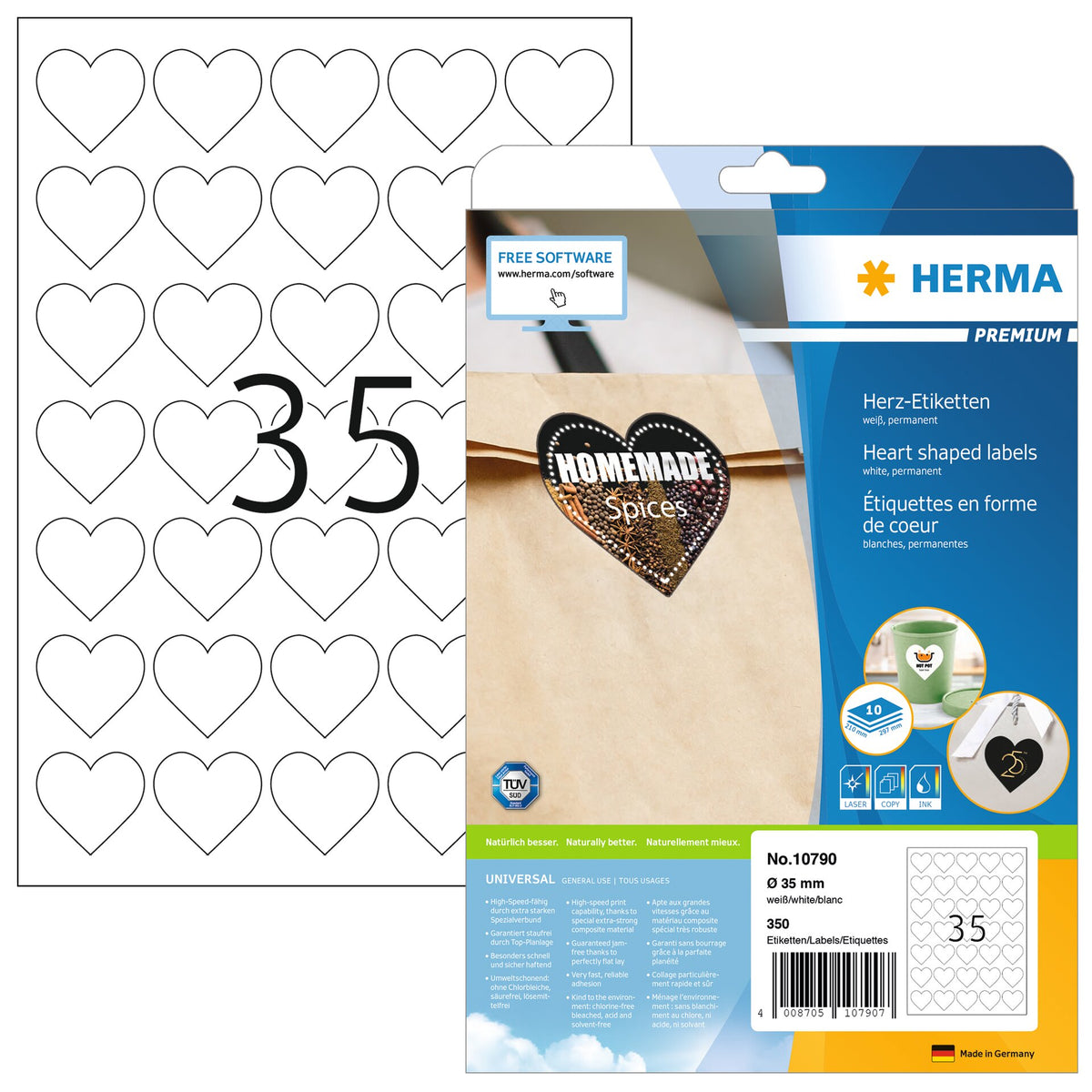 PREMIUM heart shaped labels A4, diameter 35 mm, white, permanent adhesion
