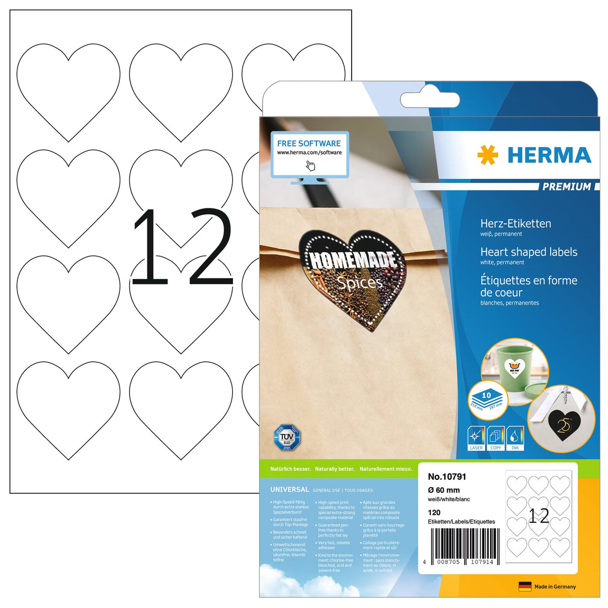 PREMIUM heart shaped labels A4, diameter 60 mm, white, permanent adhesion