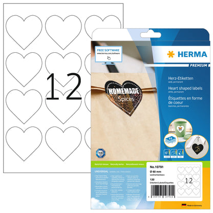 PREMIUM heart shaped labels A4, diameter 60 mm, white, permanent adhesion