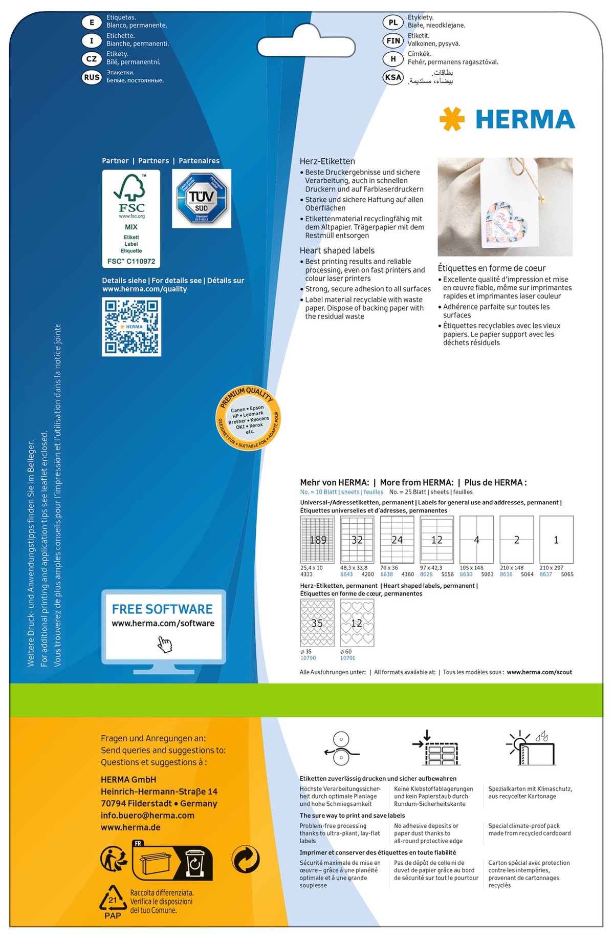 PREMIUM heart shaped labels A4, diameter 60 mm, white, permanent adhesion