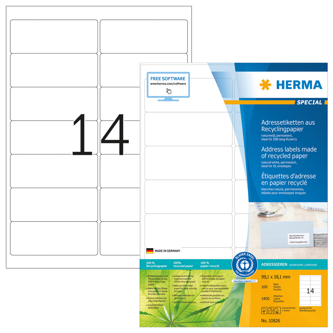 Address Labels made of Recycled Paper A4, 99.1 x 38.1mm, White, Permanent Adhesion