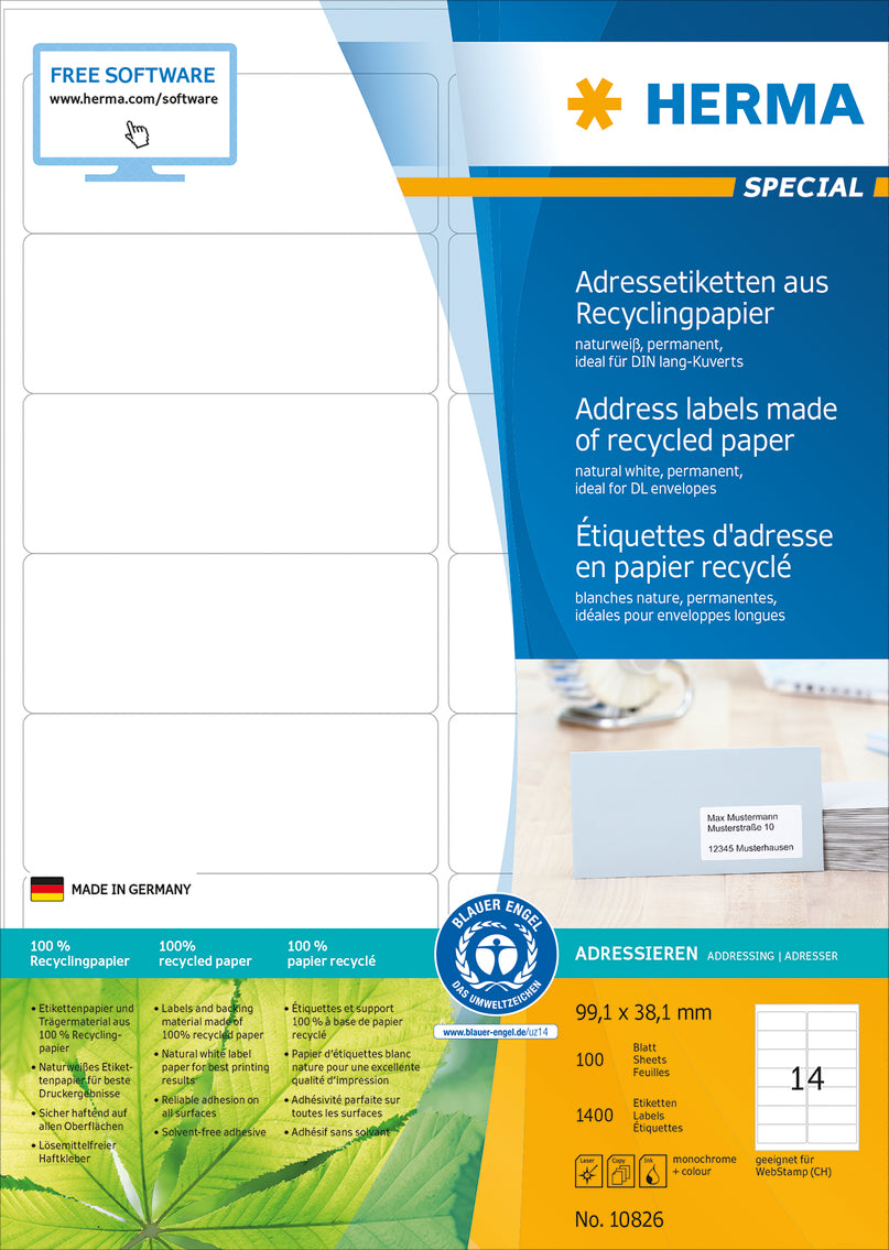 Address Labels made of Recycled Paper A4, 99.1 x 38.1mm, White, Permanent Adhesion