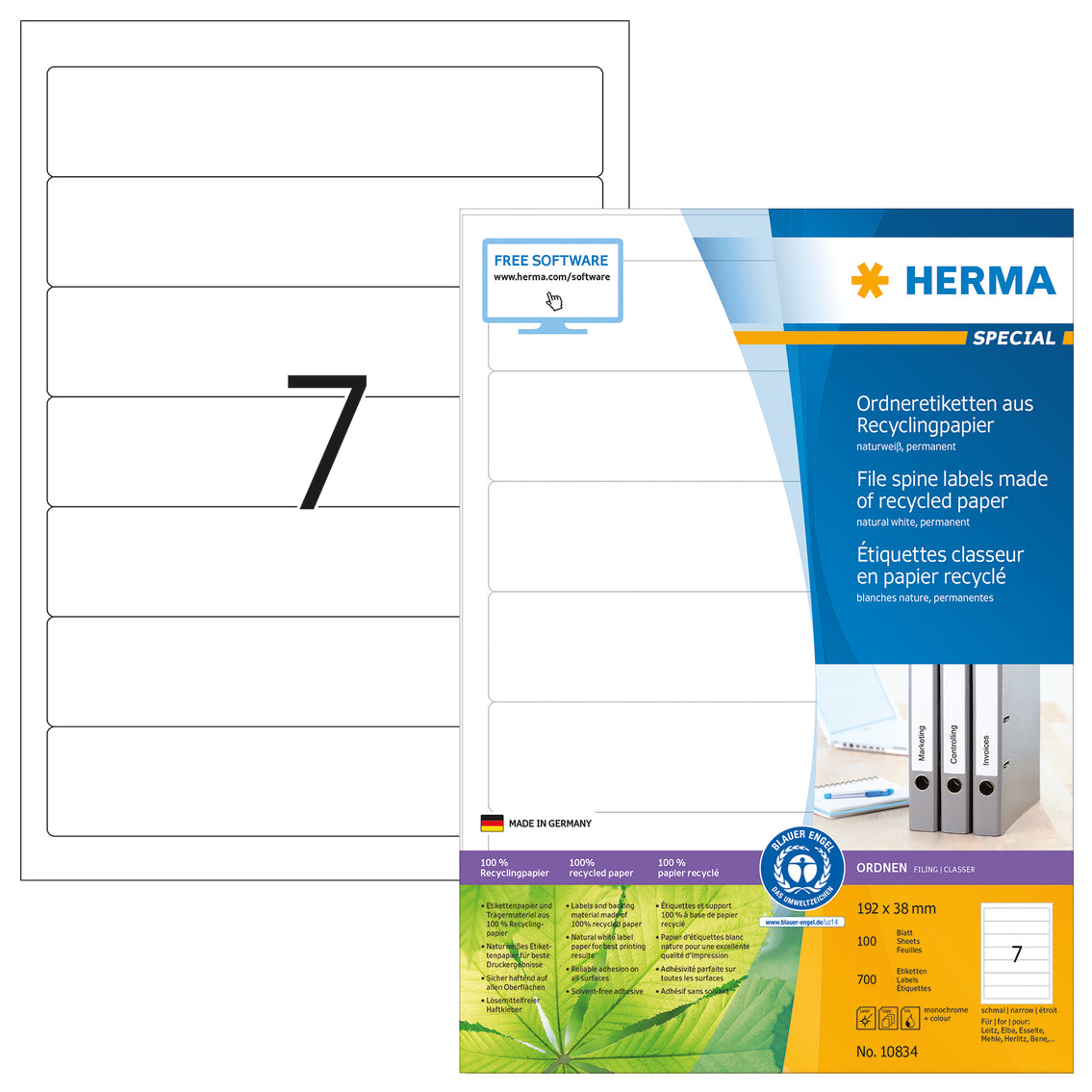 File Labels A4, 192 x 38mm, Natural-White, Recycled Blue Angel, for Narrow Files (Short)