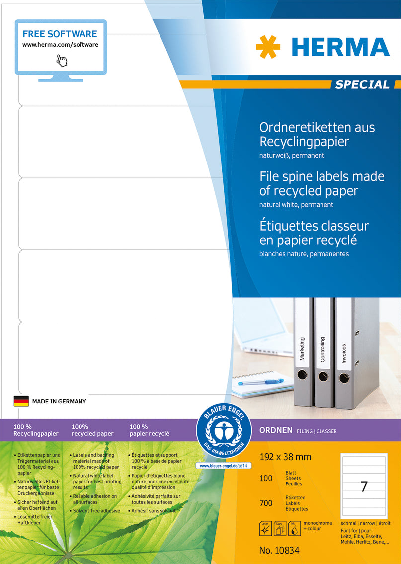 File Labels A4, 192 x 38mm, Natural-White, Recycled Blue Angel, for Narrow Files (Short)