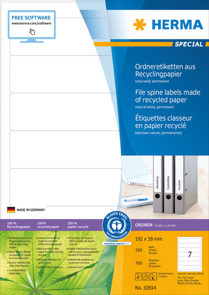 File Labels A4, 192 x 38mm, Natural-White, Recycled Blue Angel, for Narrow Files (Short)