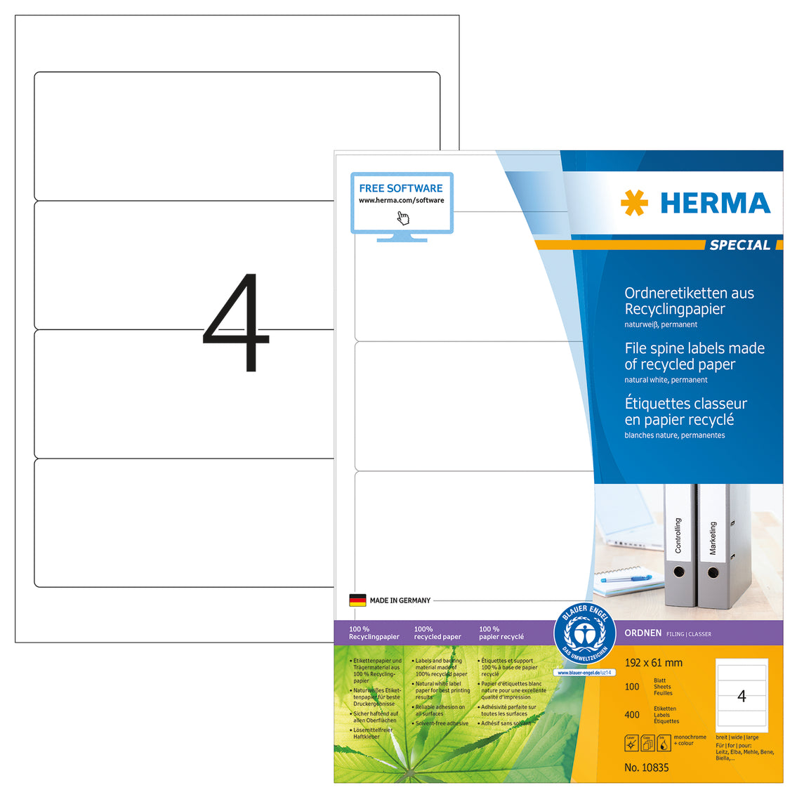 File Labels A4, 192 x 61mm, Natural-White, Recycled Blue Angel, for Wide Files (Short)