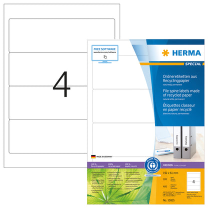File Labels A4, 192 x 61mm, Natural-White, Recycled Blue Angel, for Wide Files (Short)