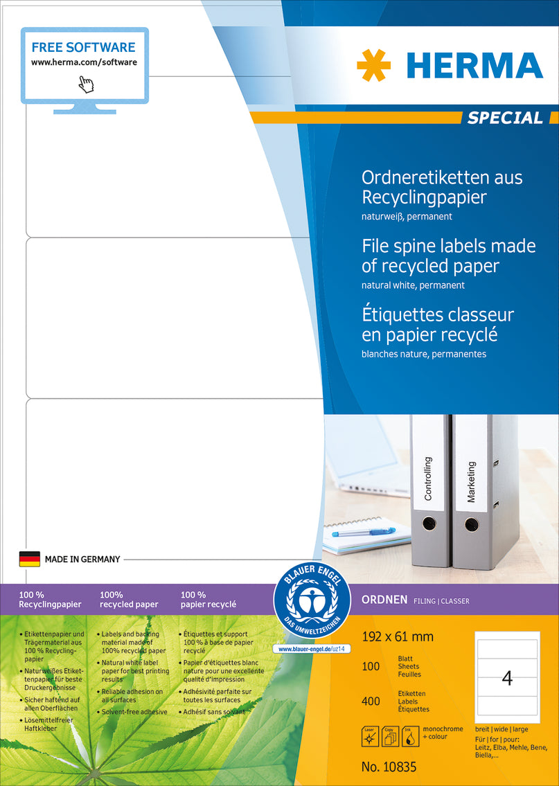 File Labels A4, 192 x 61mm, Natural-White, Recycled Blue Angel, for Wide Files (Short)