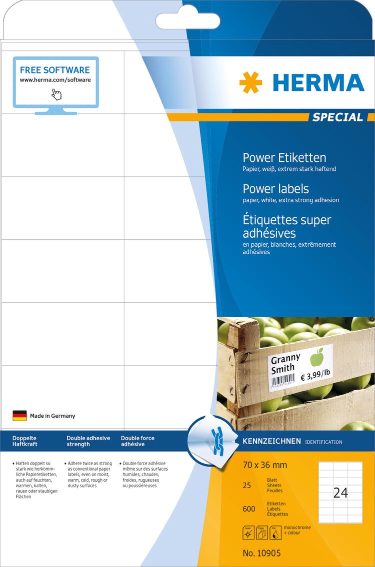 Power Labels, with Strong Adhesion A4, 70 x 36mm, made of Paper